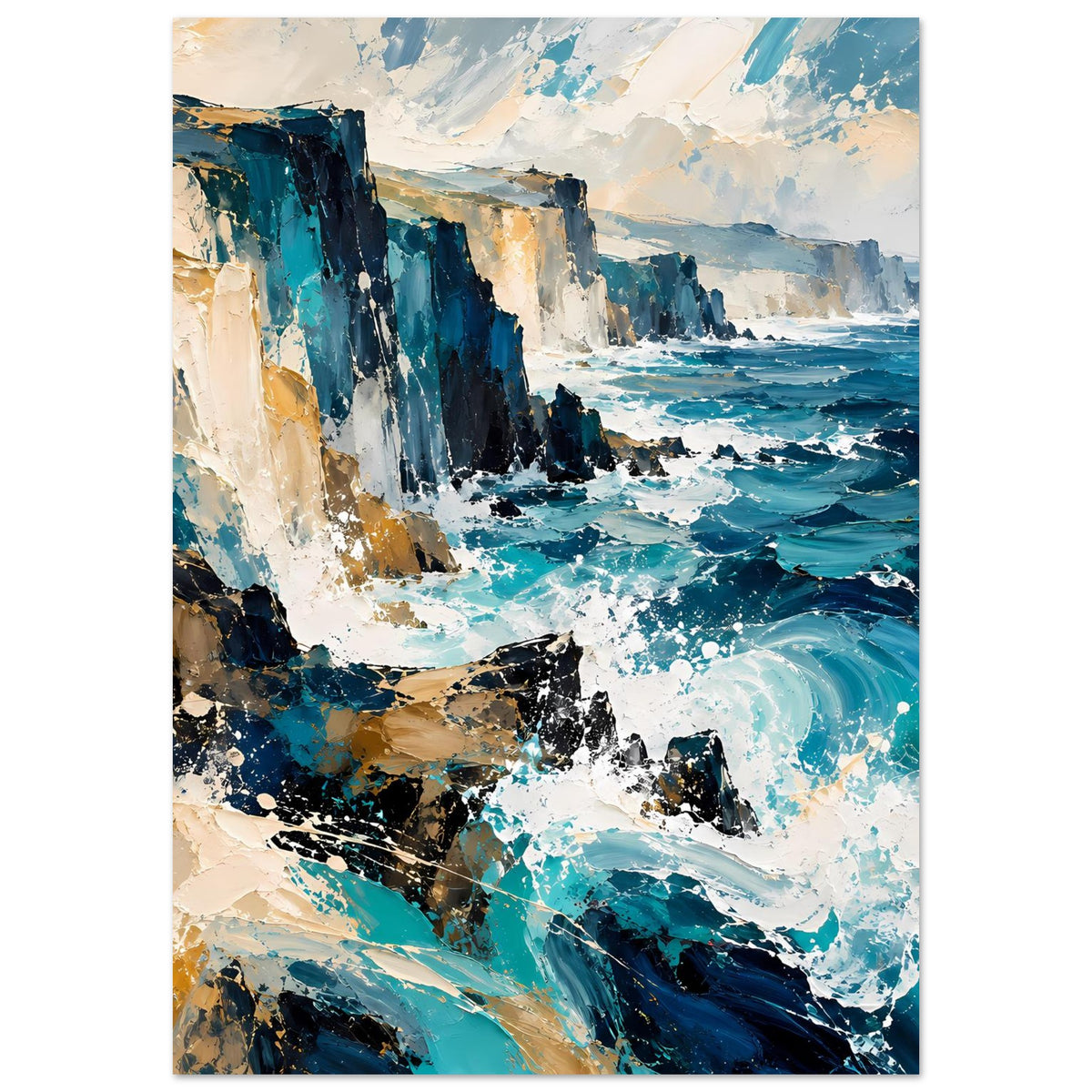 Wandposter im Hochformat: Dramatische Klippen und türkisblaues Meer mit schäumenden Wellen