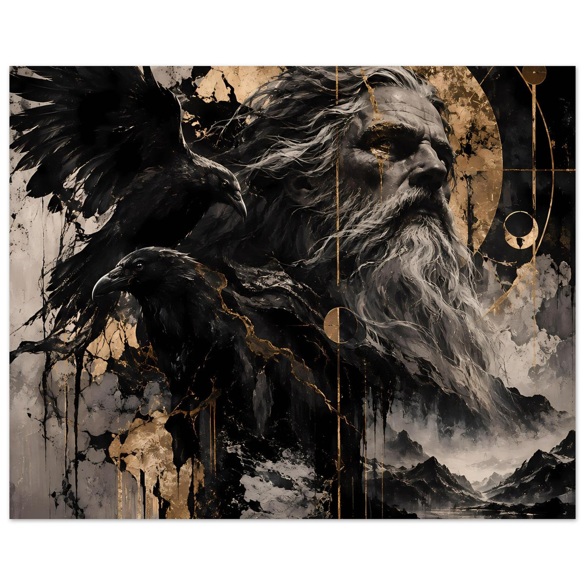 Poster im Querformat: Odin-Motiv mit schwarzer Krähe und grauem Bart, goldene Linien, Landschaft