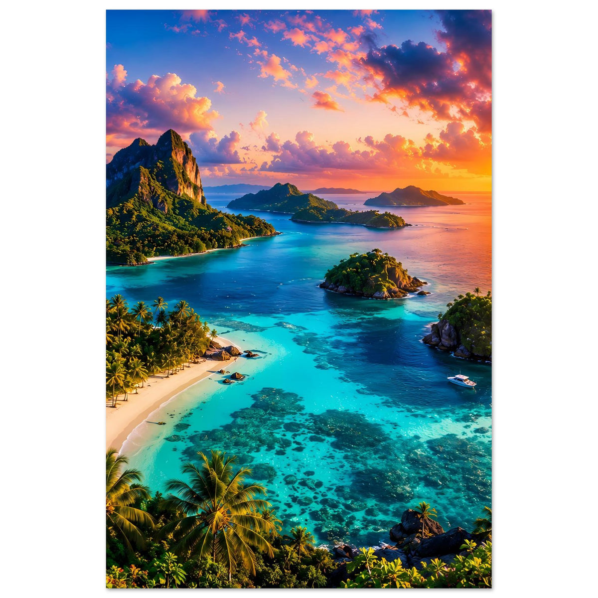 Vertikales Poster: tropische Bucht mit türkisblauer Lagune und warmem Himmel im Abendlicht