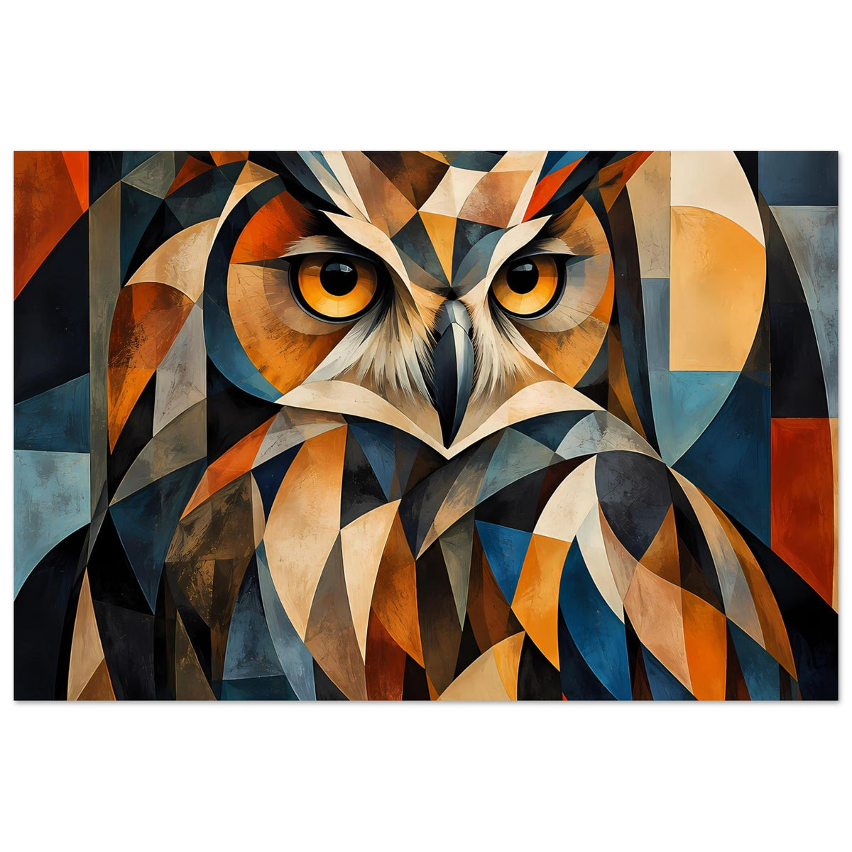 Abstraktes Eulen-Tierposter mit geometrischem Federbild und warmen Orange-Blau-Tönen