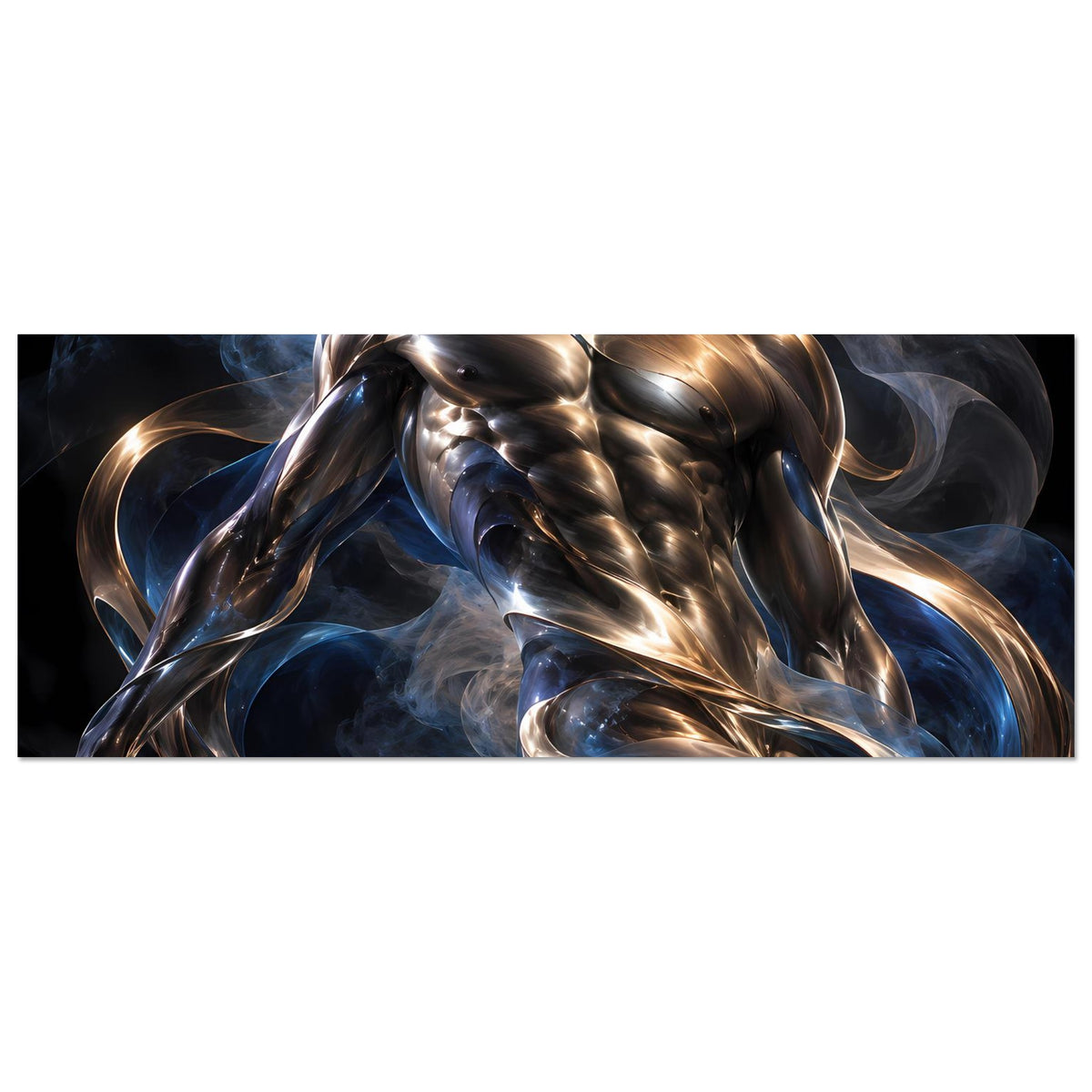 Querformat-Kunstposter: männliche Metallfigur, gold-silberner Glanz, blaue Rauchwirbel