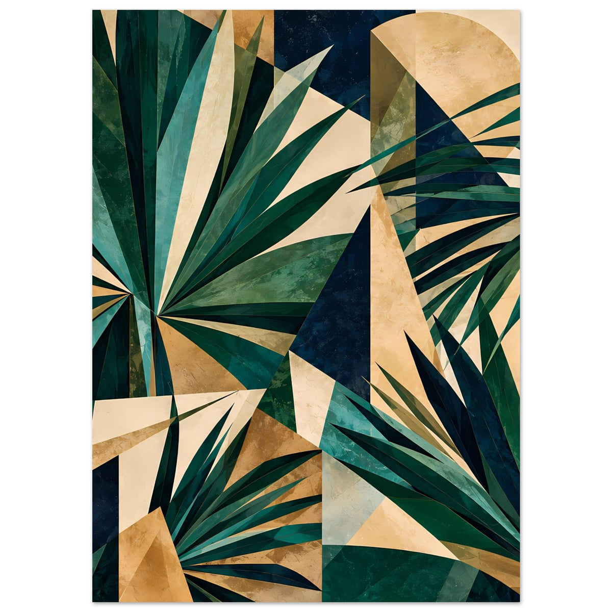 Kunstposter mit geometrischem Blattmuster in Grün, Gold und Creme, Hochformat