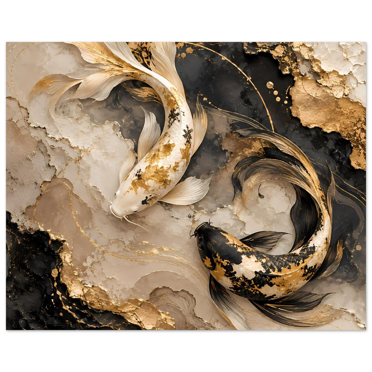 Kunstposter mit goldenen und schwarzen Koi-Fischen in eleganter Strömung