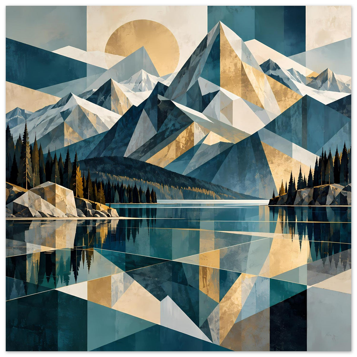 Horizontales Poster: geometrische Berglandschaft mit Tannenwald und Seespiegel, Blau-Beige-Farbflächen