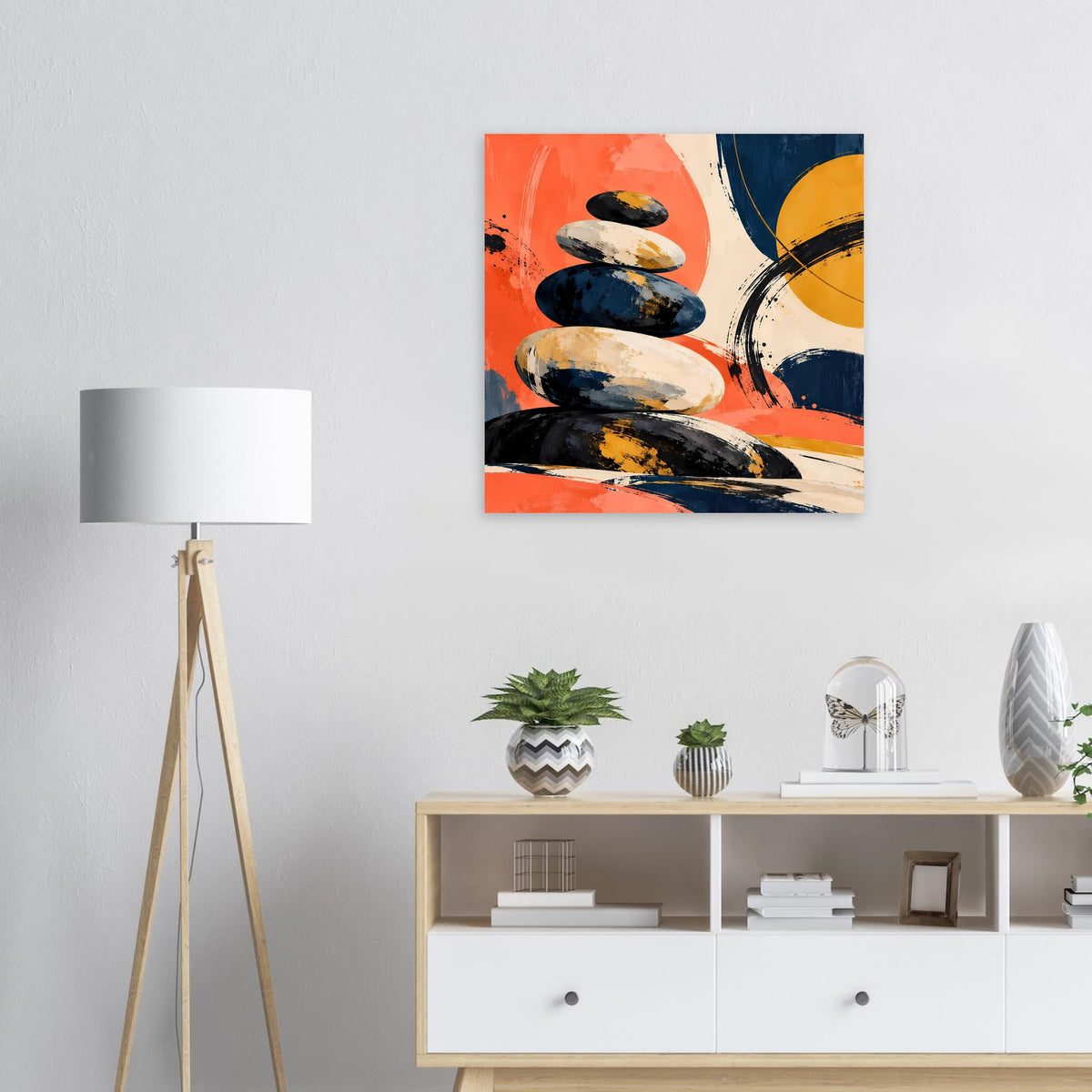 Rechteckiges Poster mit abstraktem Steinturm in Orange, Dunkelblau und Gelb