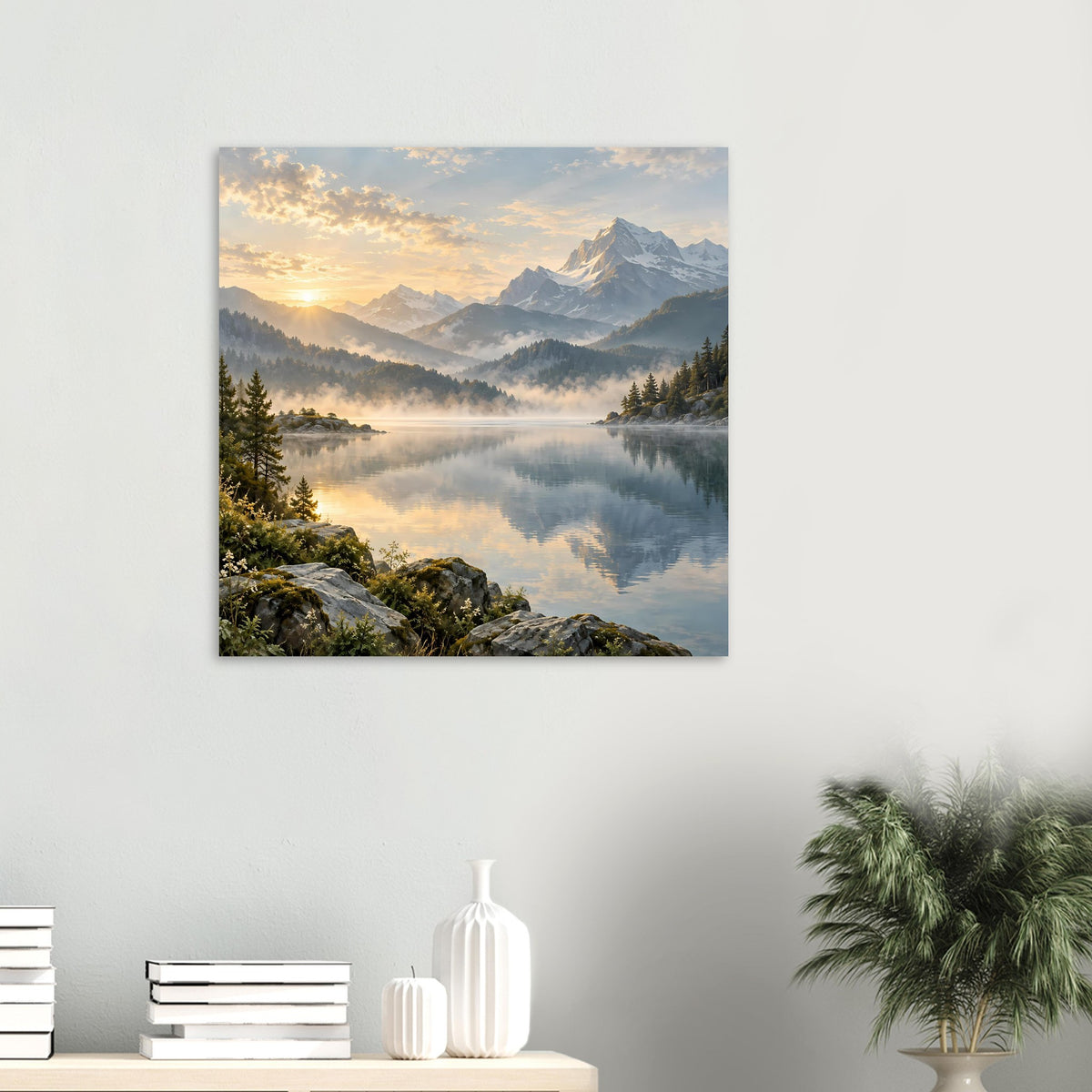 Landschaftsposter mit Felsufer am See, Nebel, Sonnenaufgang und spiegelnder Wasseroberfläche