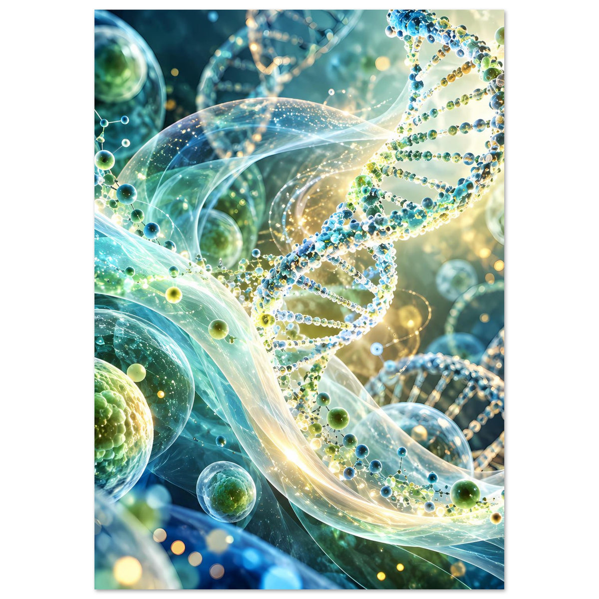 Vertikales Biotechnologie-Poster mit leuchtender DNA-Doppelhelix und blauen Partikeln im Hintergrundmotiv