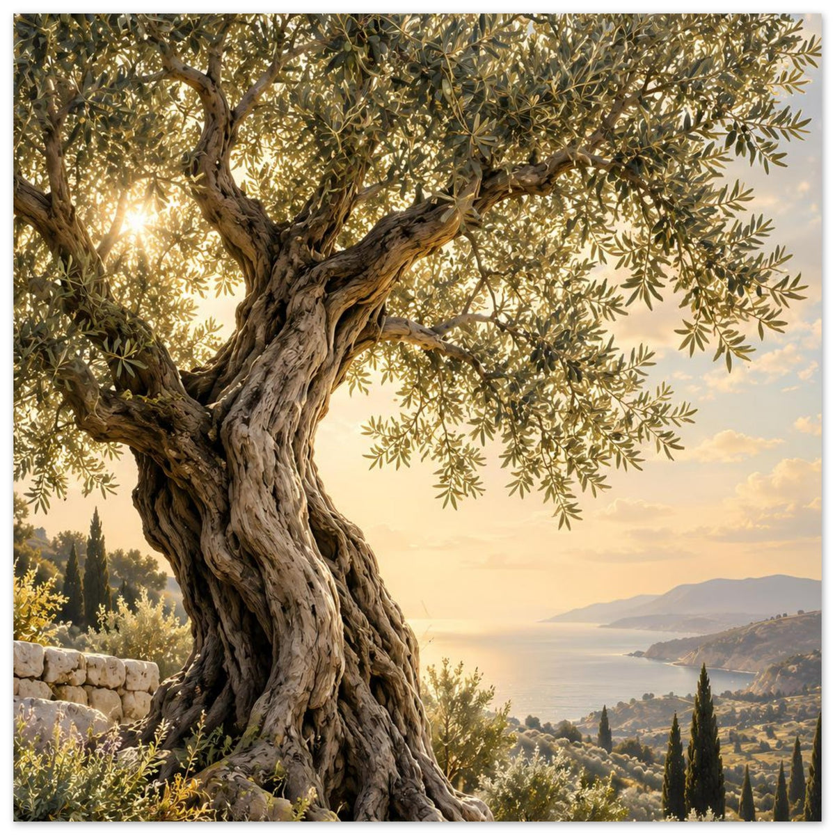 Olivenbaum-Poster: ausladende Äste mit grünen Blättern, kräftiger Stamm und Küstenlandschaft