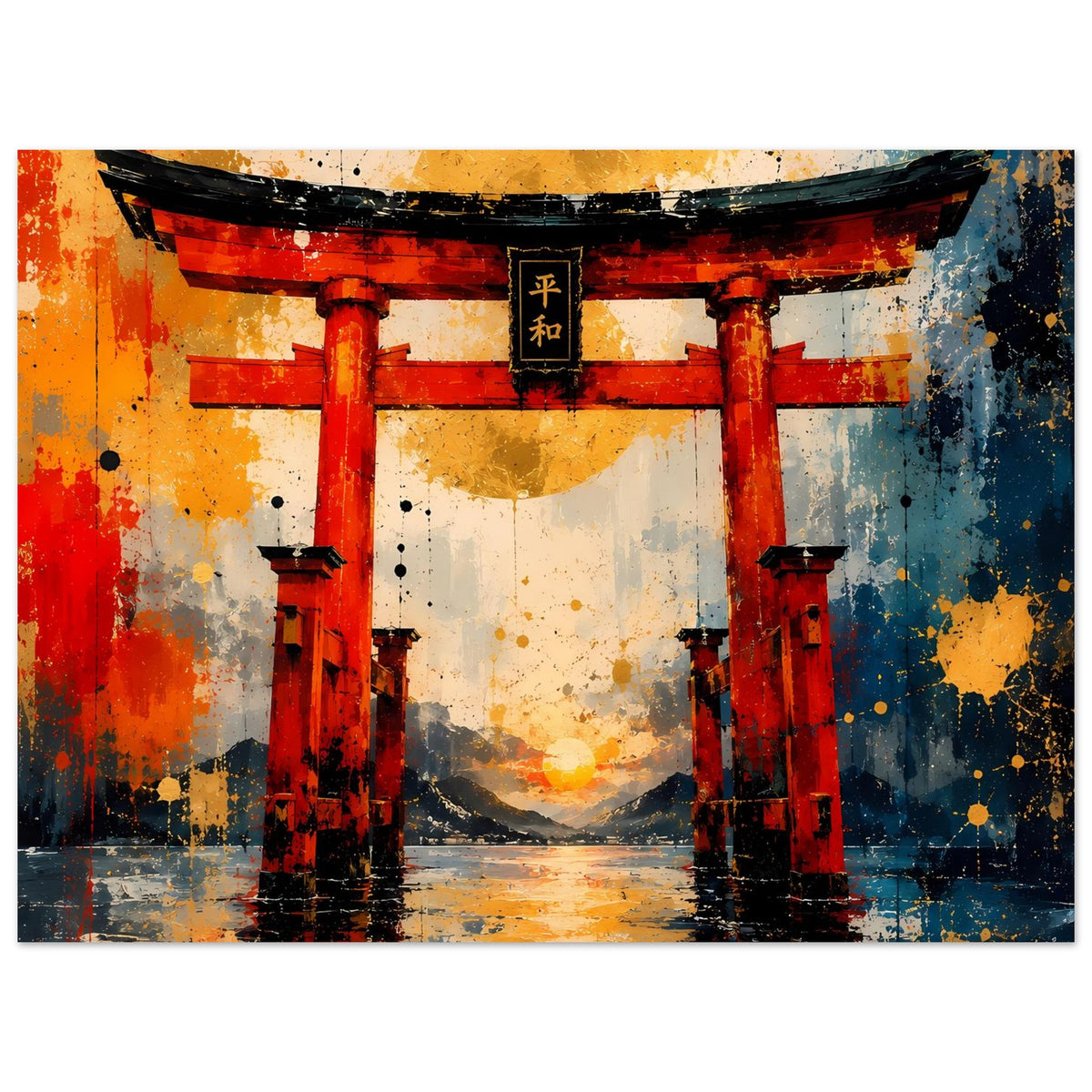 Torii-Gate Poster im Querformat: zwei rote Säulen, schwarzer Querbalken, abstrakter Stil