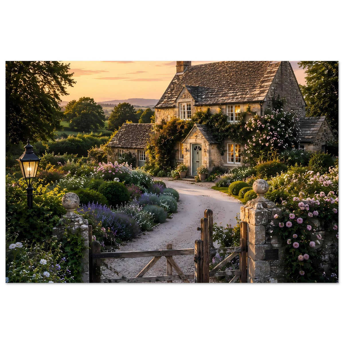 Premium-Poster mit Landhaus und blühenden Pflanzen am Gartenweg mit Holztor