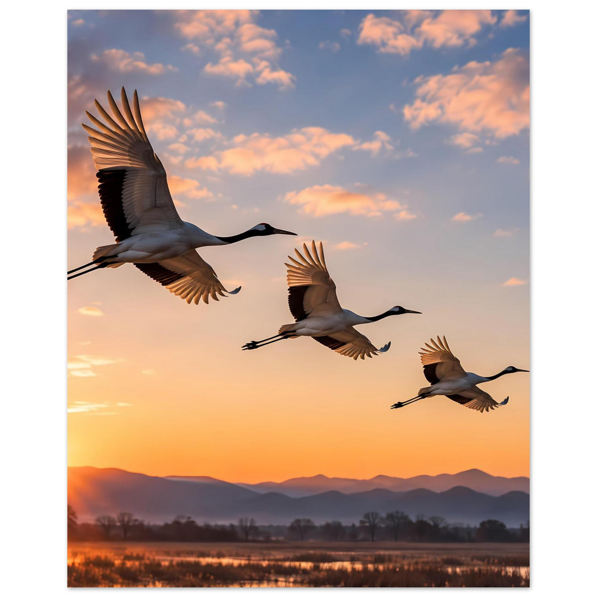 Hochformat-Poster mit drei Kranichen im Flug, großer Kranich links oben