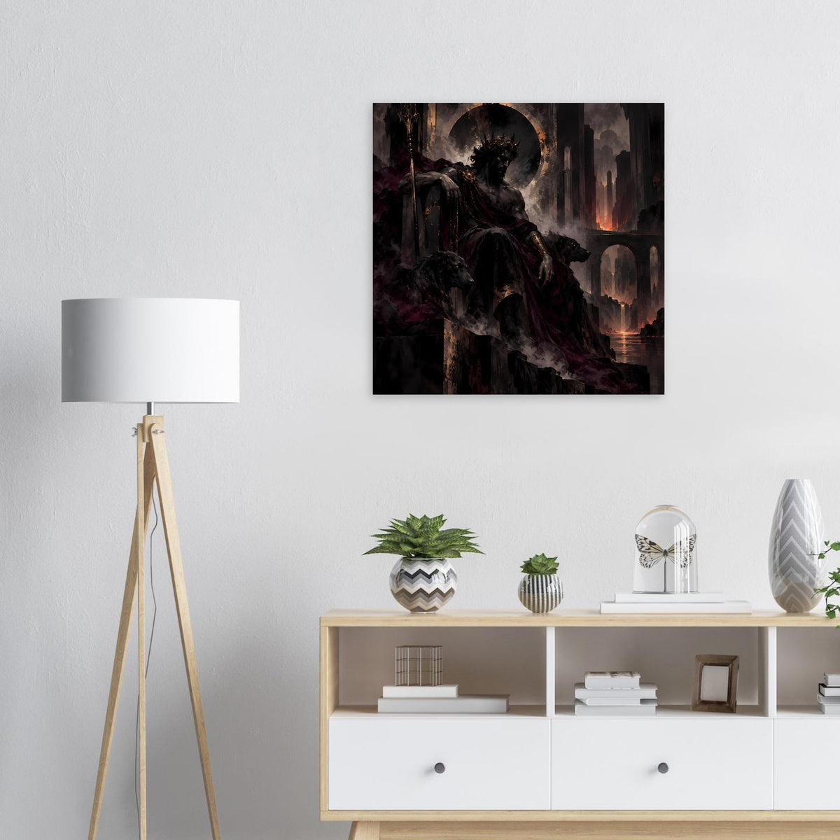 Fantasy-Poster mit finsterer Gestalt im Umhang, Vollmond, dunkle Stadt und Flammen