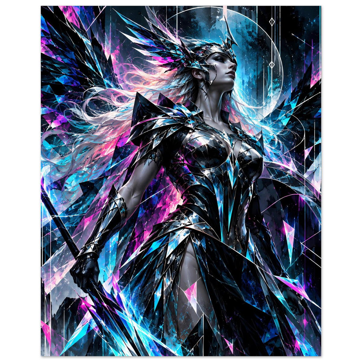 Neonfarbener Posterprint mit Valkyrie in silberner Rüstung, blau-pinkes Energiemuster im Hintergrund