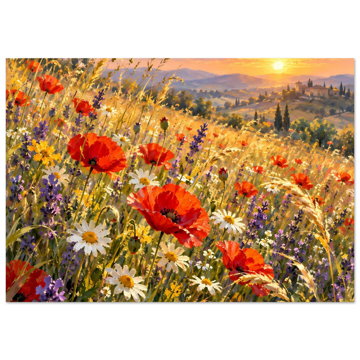 Wildblumenposter: leuchtendes Blütenfeld mit roten Mohnblumen, violetten Akzenten und Sonnenball.
