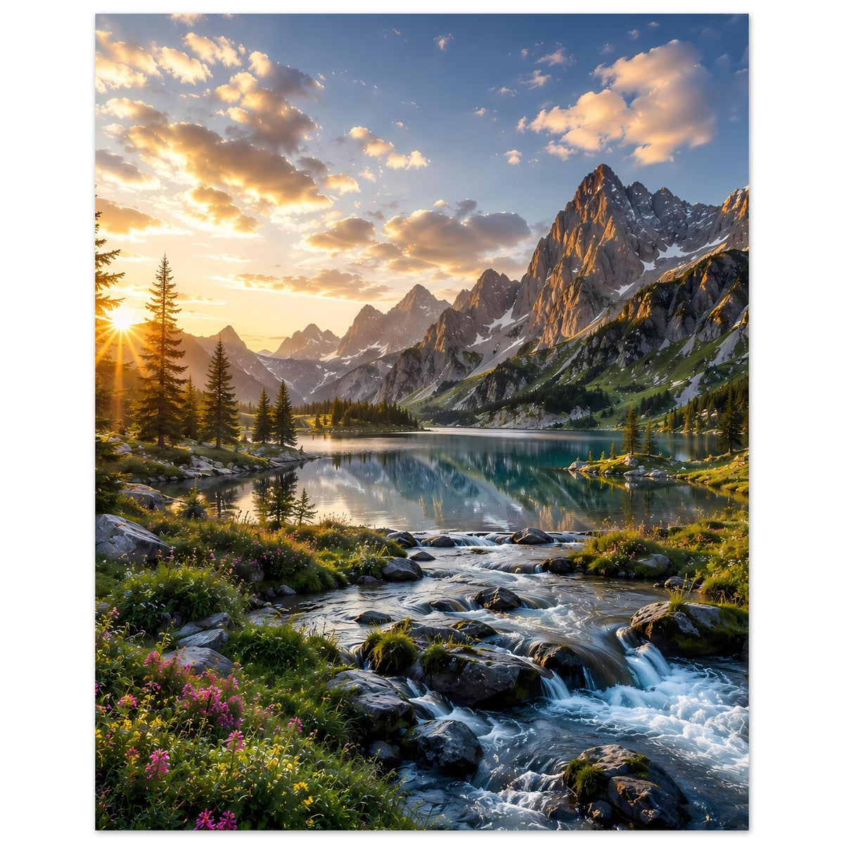 Wandposter mit Sonnenaufgang und Bergsee, Bachläufen, Felswänden und Tannen