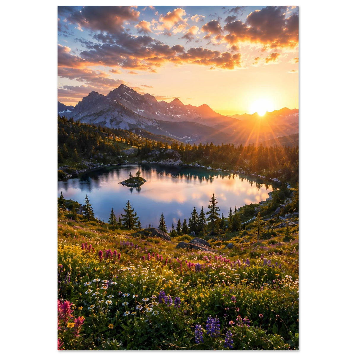 Vertikales Poster: Bergsee bei Sonnenuntergang mit Bergen, Himmelwolken und Blumenwiese
