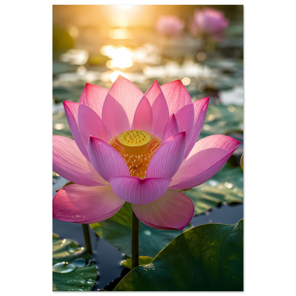 Lotusblüten-Poster: Nahansicht einer rosa Lotusblüte mit gelbem Zentrum
