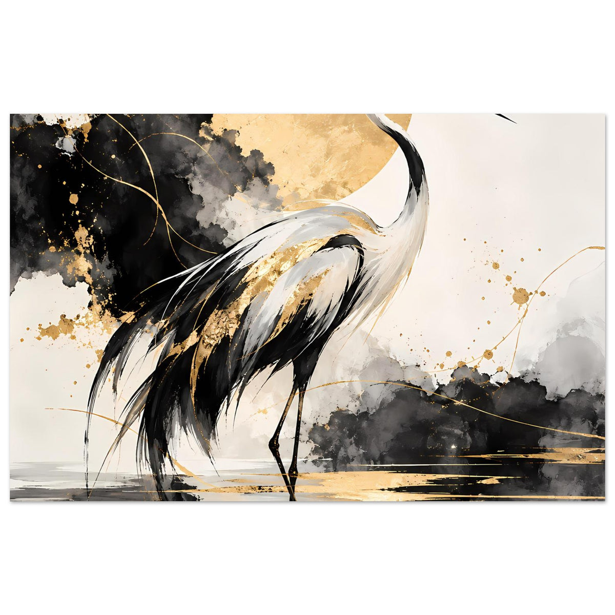 Vogelposter mit schwarzem und goldenem Kranich in abstrakter Maltechnik