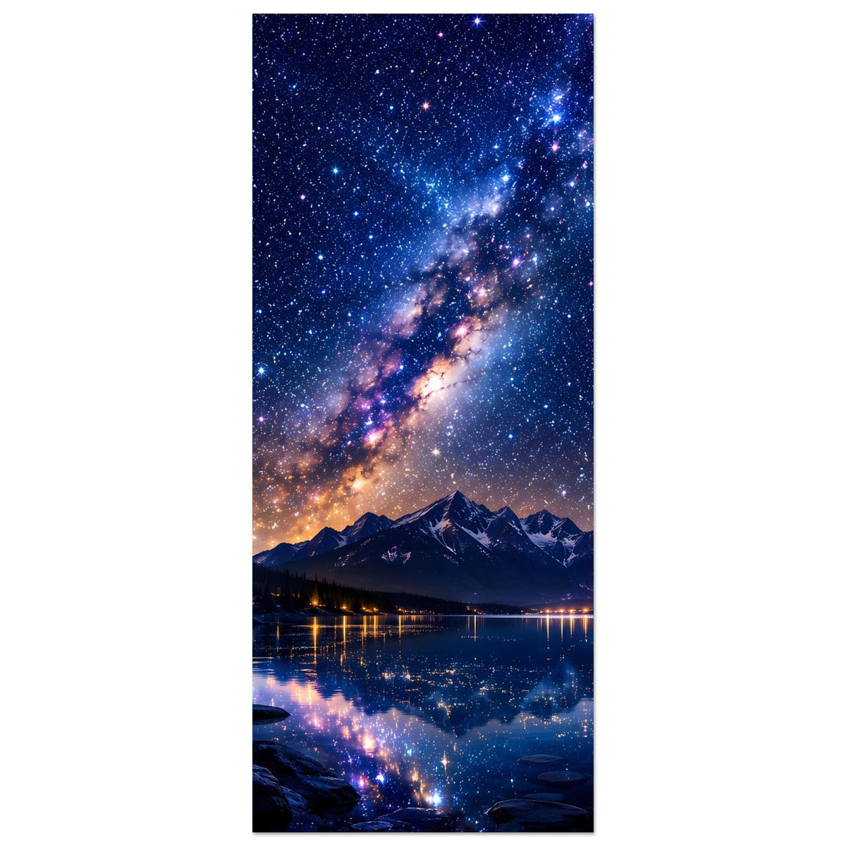 Hochformat-Poster mit Galaxie, Berggipfeln und Seespiegelung im nächtlichen Landschaftsmotiv