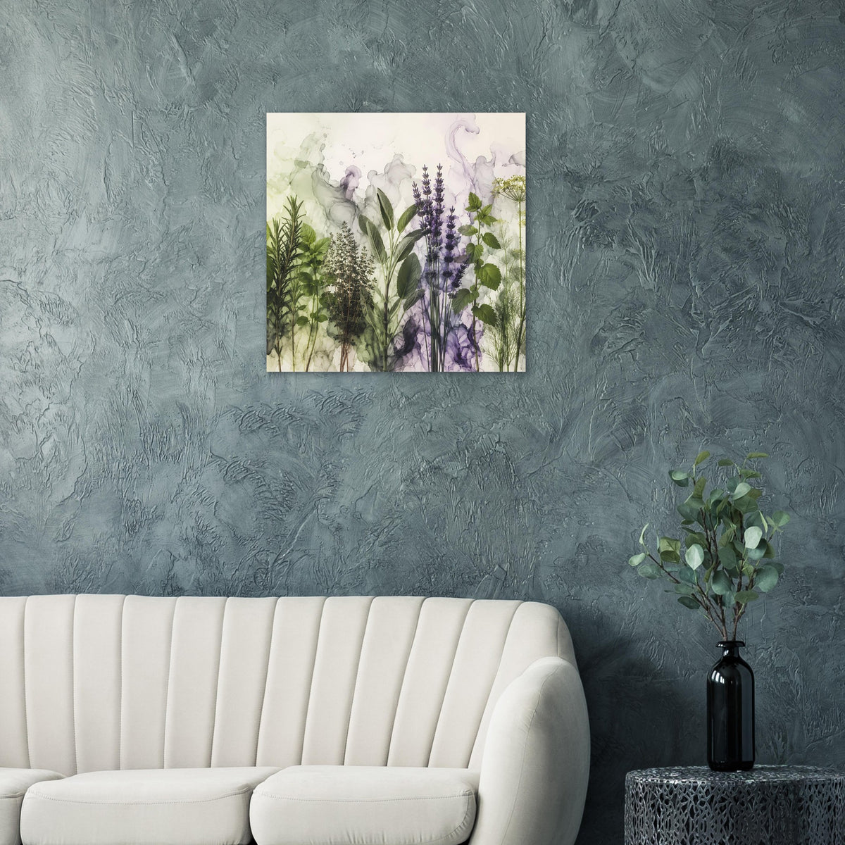 Gerahmtes botanisches Poster im Hochformat mit Lavendelrispen und Blattgrün