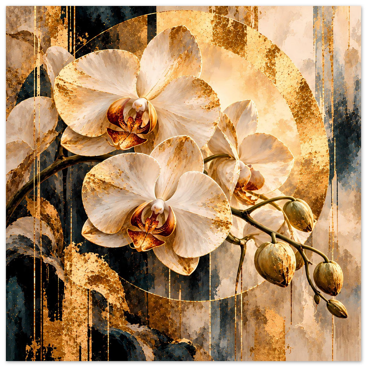 Orchideen-Kunstposter mit weißen Orchideen und gold-cremigem Hintergrund, Rankenast mit Knospen