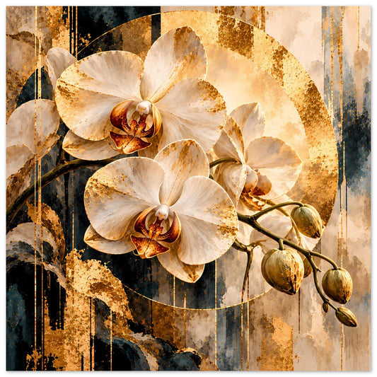 Orchideen-Kunstposter mit weißen Orchideen und gold-cremigem Hintergrund, Rankenast mit Knospen