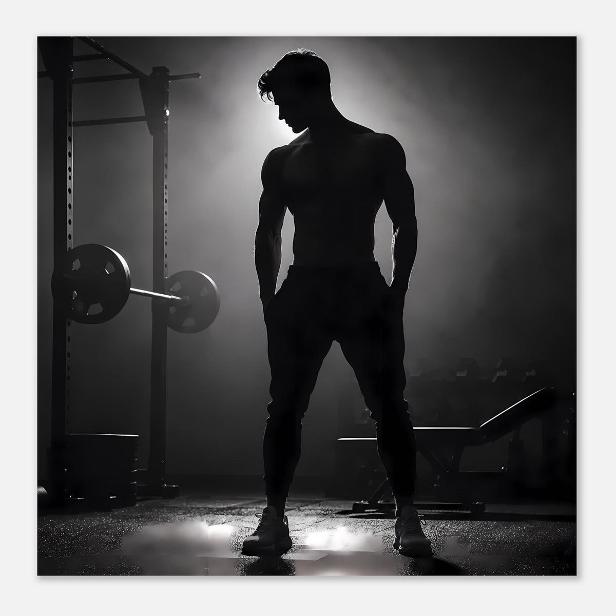 Gerahmter Kunstdruck mit Sport-Silhouette eines Mannes im Fitnessstudio, Schwarzweiß