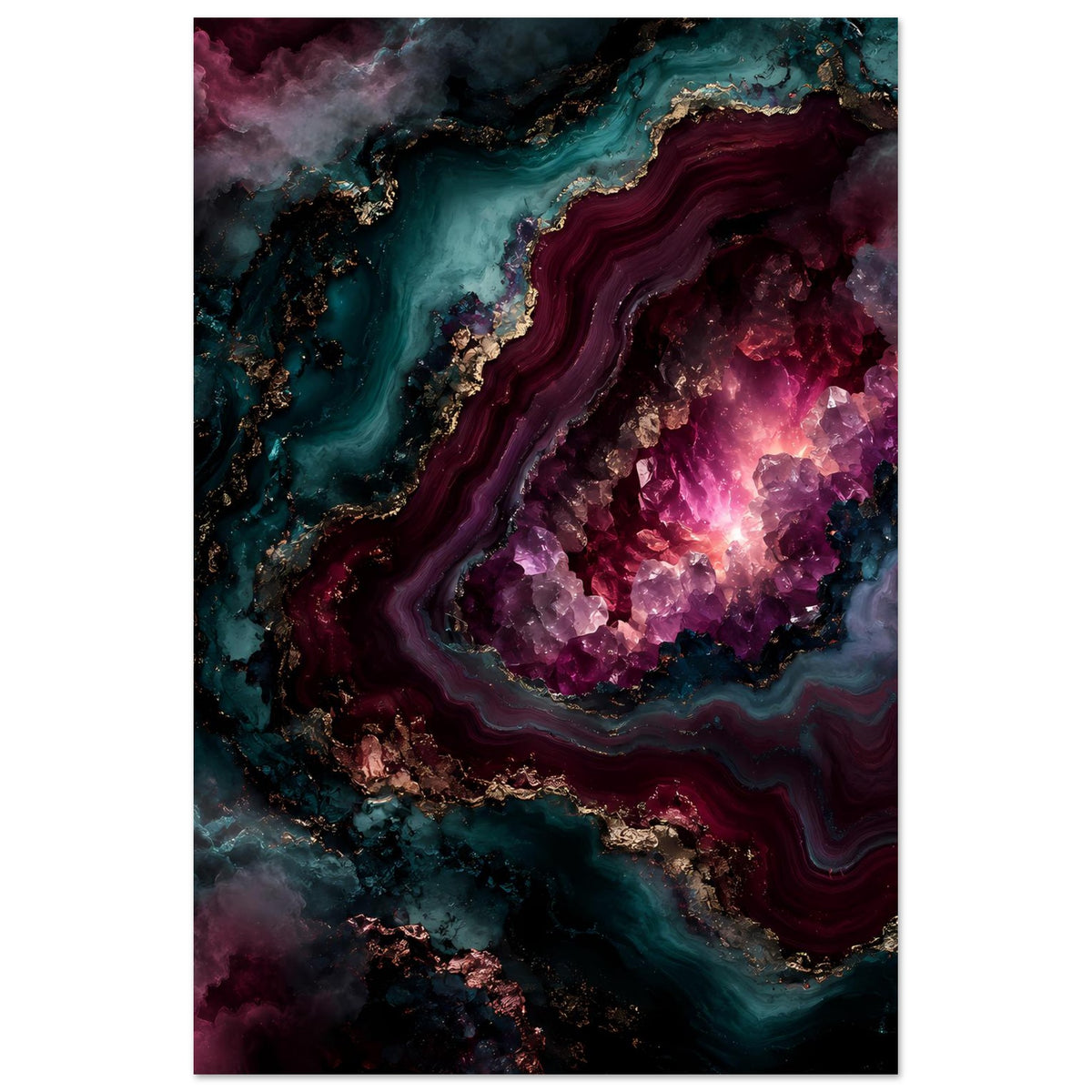 Vertikales Kunstposter mit violettem Kristallcluster in türkisfarbenem Gestein