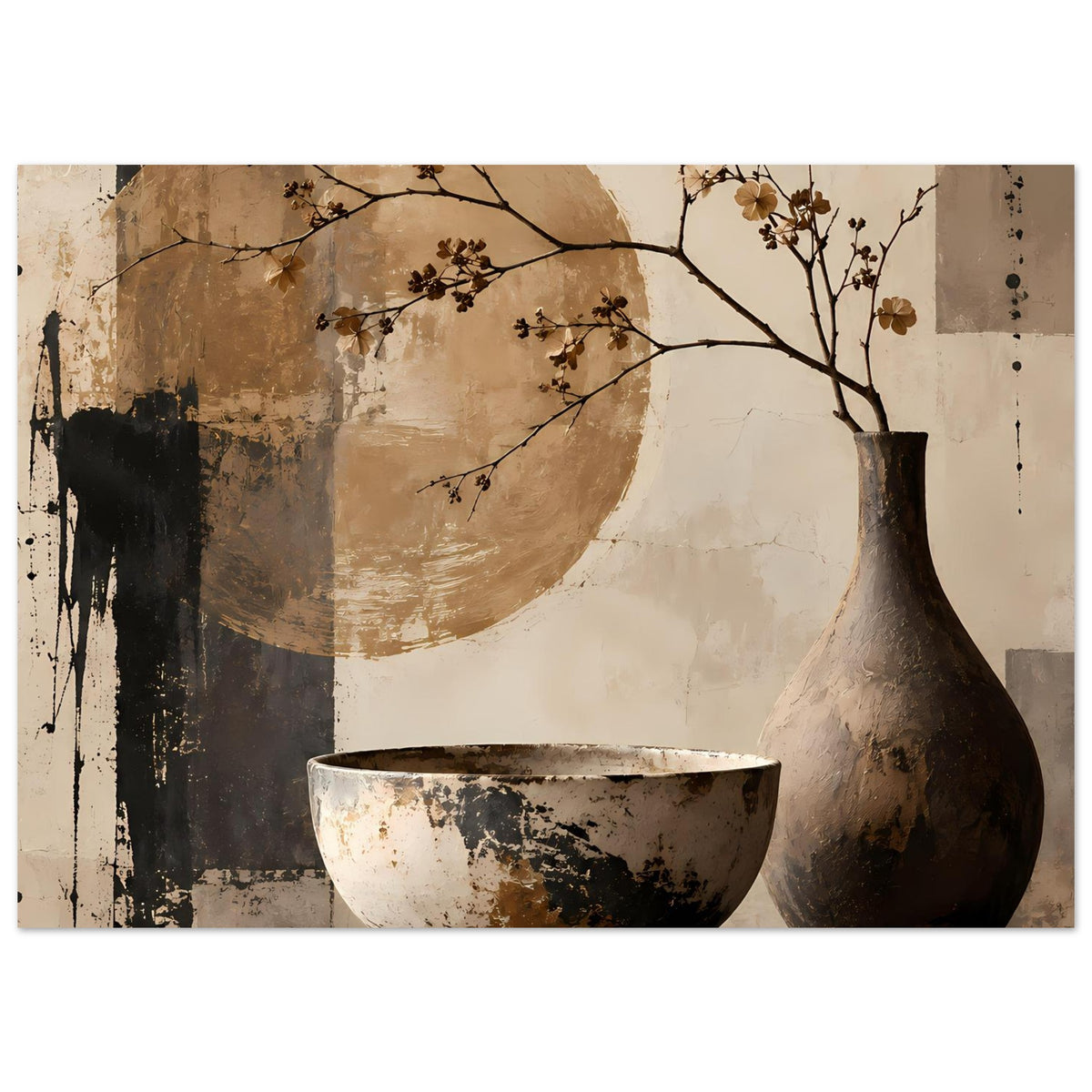 Horizontales Stillleben-Poster mit Vase, Schale und dunklem Farbstreifen links in Erdtönen