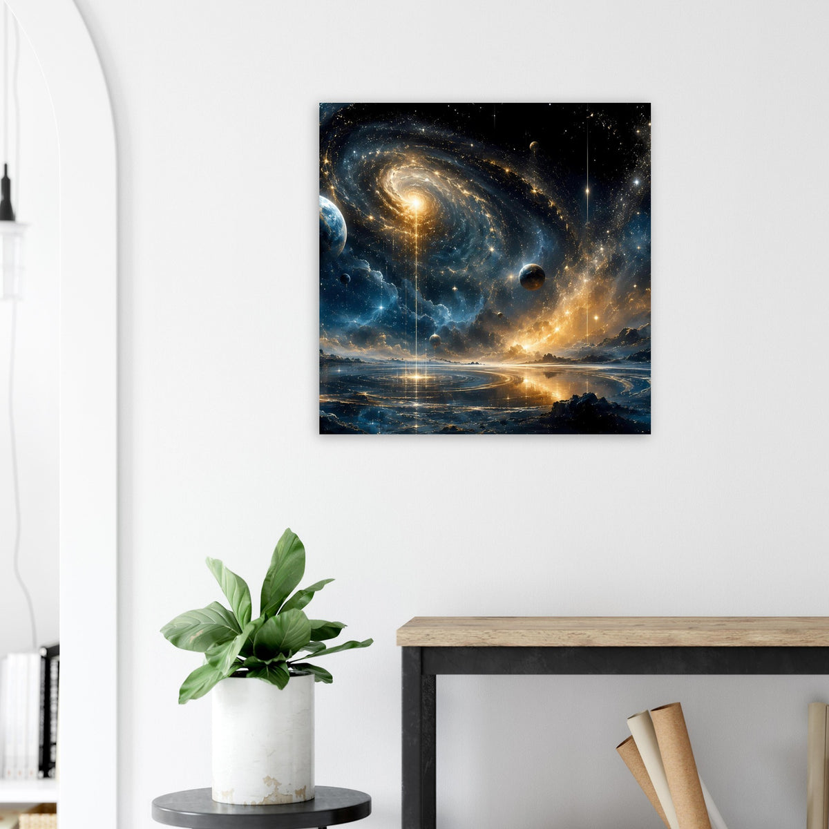 Wandposter mit Spiralgalaxie, Sternen und Planeten, warm leuchtender Landschaft