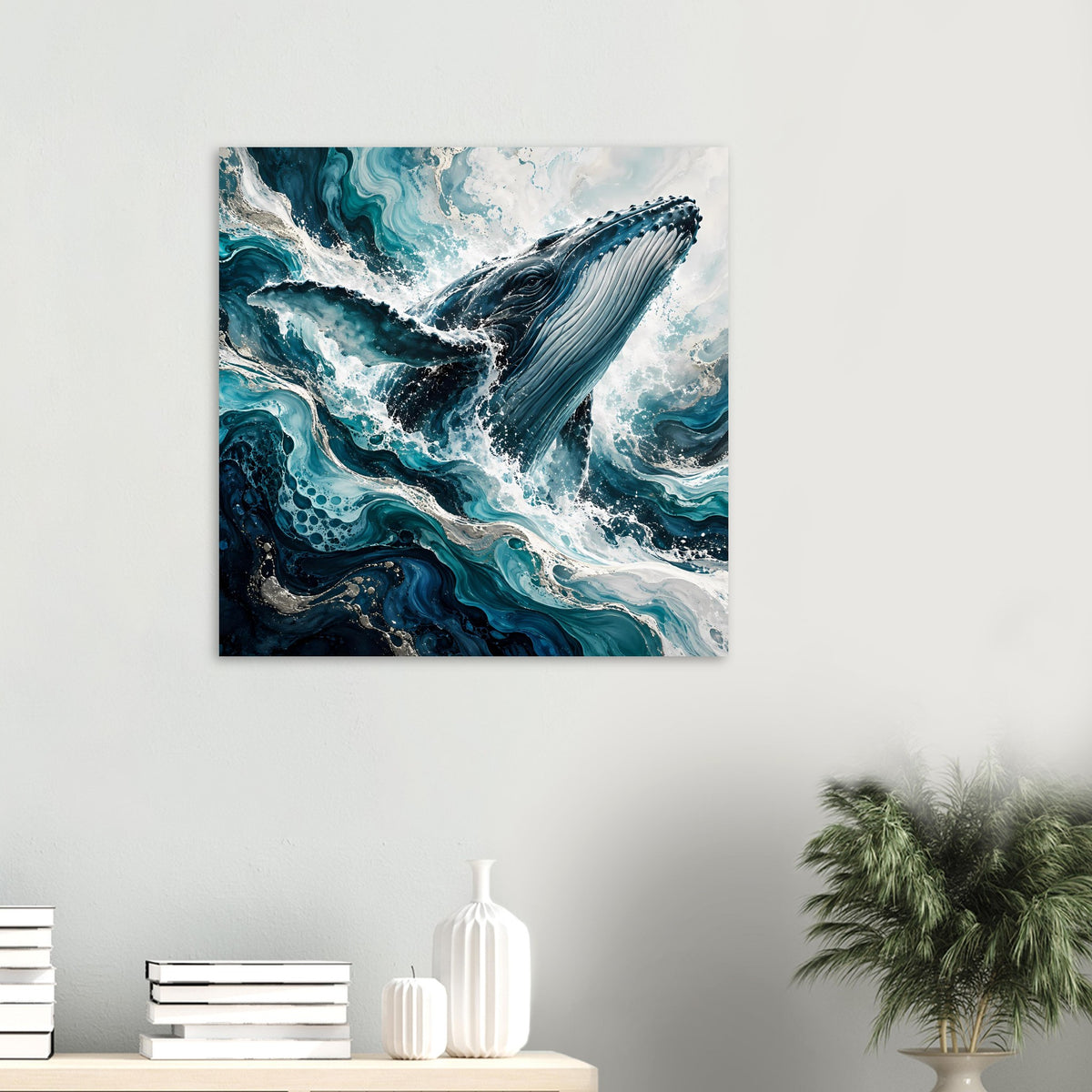 Kleines Kunstposter im Querformat mit Wal und türkisblauen Wellen, dynamische Spritzer