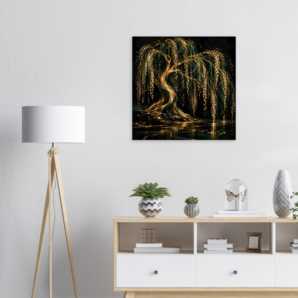 Poster mit goldener Weide und Wasserreflexion, quadratischer Druck