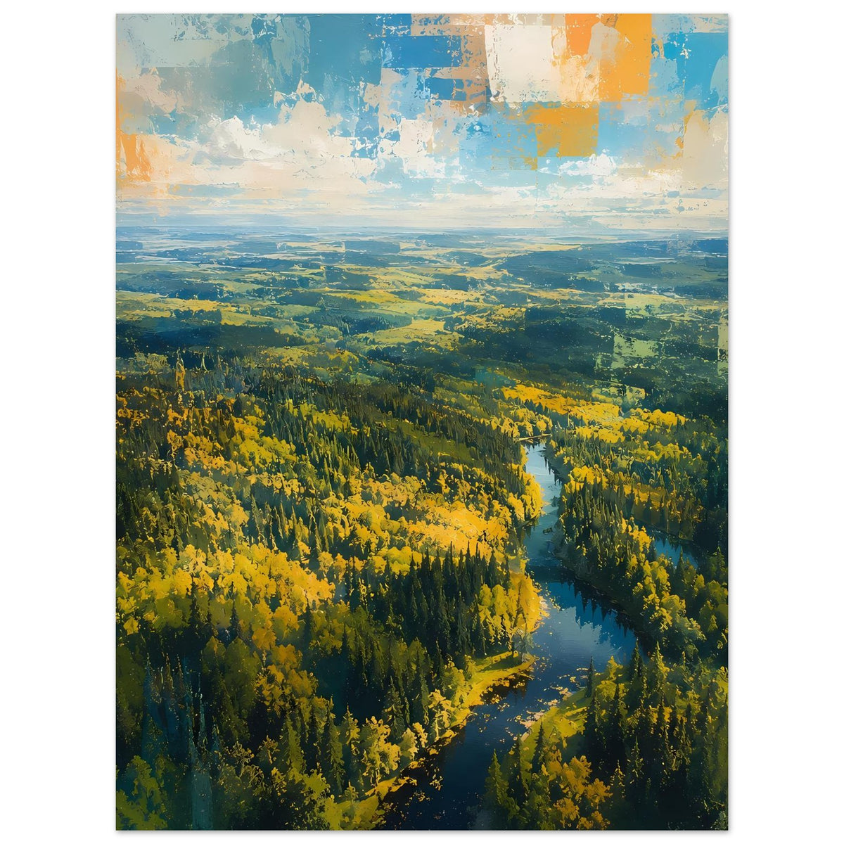 Poster mit Herbstwald und blauem Fluss, gelbe Baumkronen im weiten Tal
