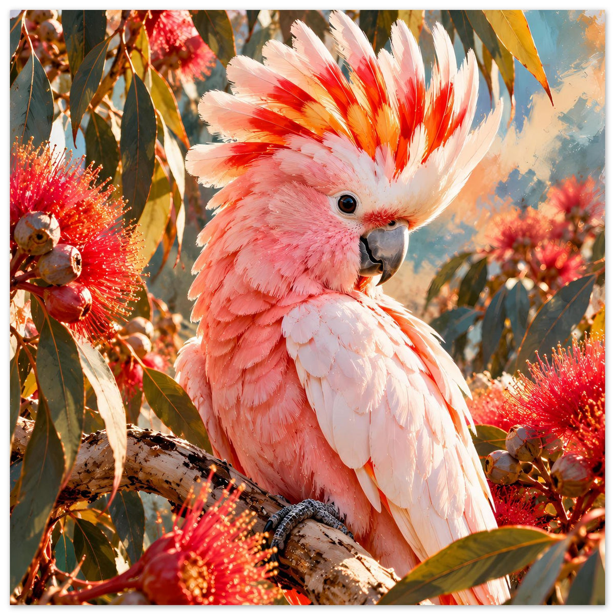 Quadratisches Poster mit rosa-weißem Kakadu auf Zweigen und roten Blüten