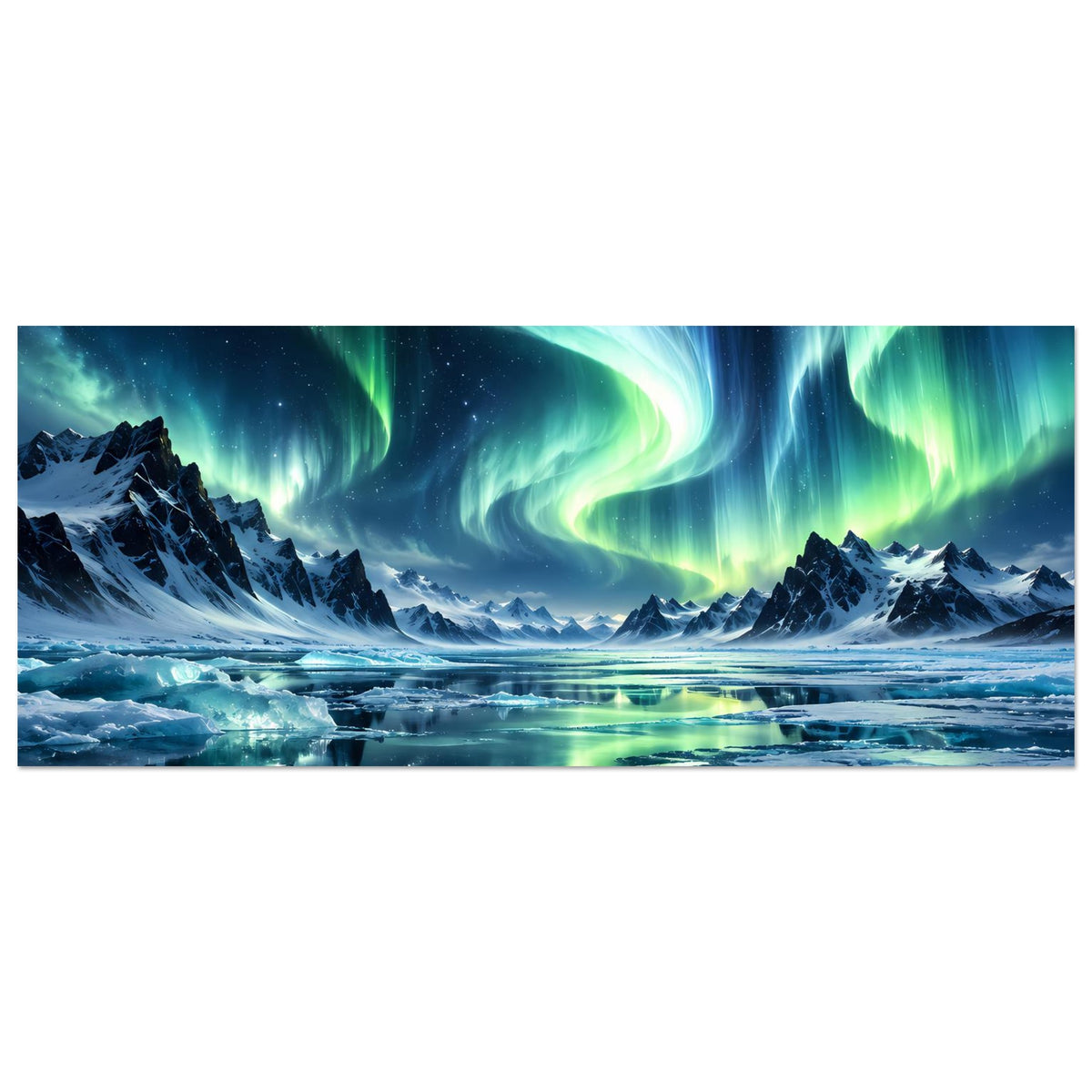 Panorama-Poster mit Nordlichtern, weite Schneelandschaft mit türkis-grünem Licht im Himmel