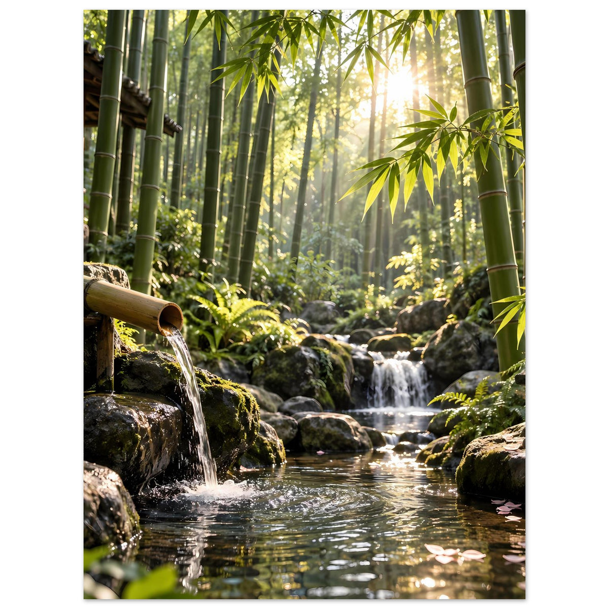 Wandposter mit Bambuswald und kleinem Wasserfall, ruhiger Teich und Steine