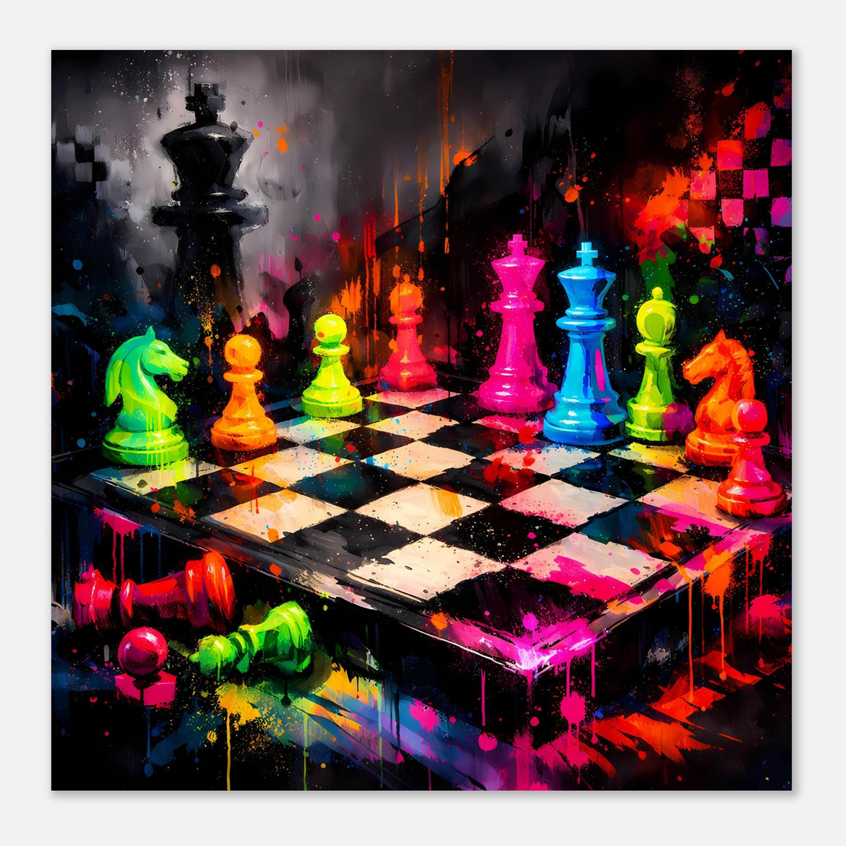 Poster: abstraktes Schachbrett mit farbigen Neon-Schachfiguren und Sprenkel-Farbspritzern