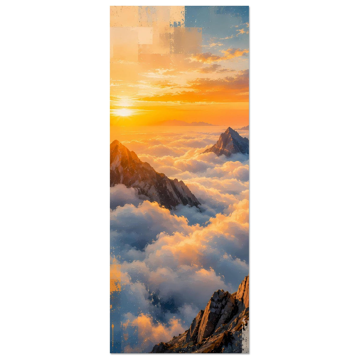 Vertikales Wandposter: Sonnenaufgang über Wolken und Berge, Farbverlauf von Orange zu Blau