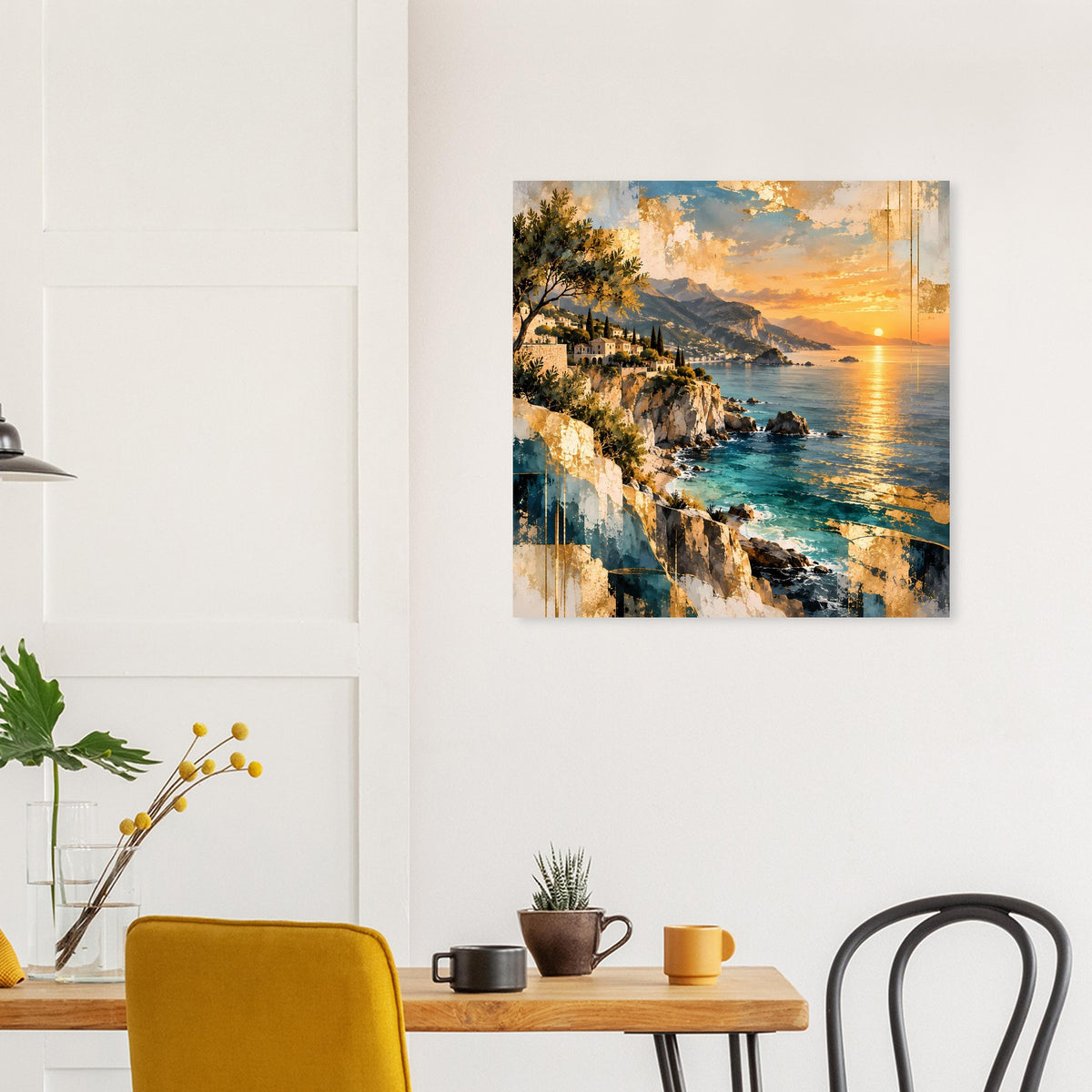 Wandposter mit Küstenweg, Felsen und Sonnenuntergang am Meer