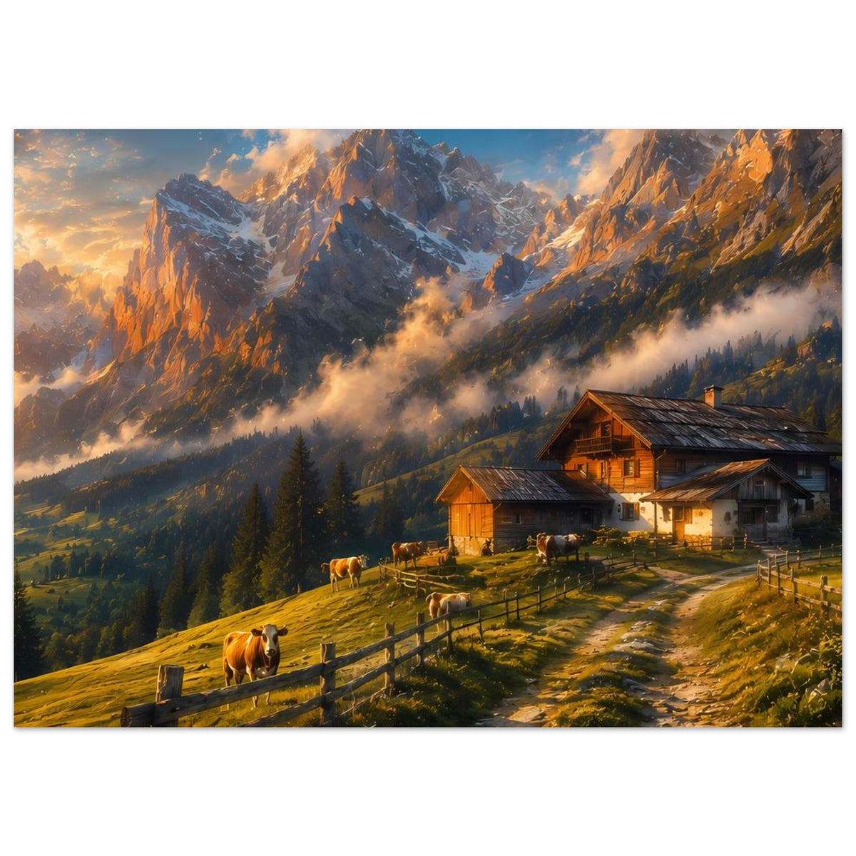Querformat-Alpenposter mit Almhütte, Kühen im Tal und Berggipfeln im Abendlicht