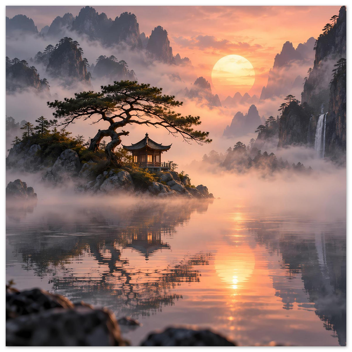 Großformatiges Poster: Sonnenuntergang, Pagode auf Fels, weit verzweigter Baum am See