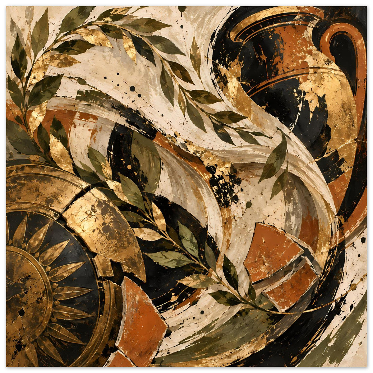 Vintage-Poster mit Blattzweigen, Kreisornamenten und Sprenkeltexturen in Gold- und Brauntönen