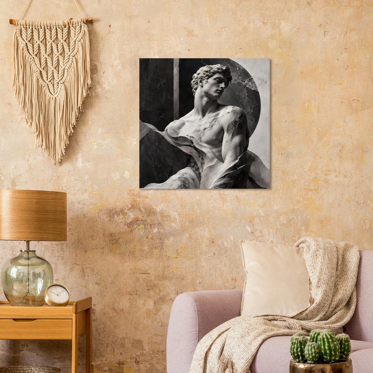 Wandposter mit schwarzweißer klassischer Statue, Draperie und rundem Marmorausschnitt