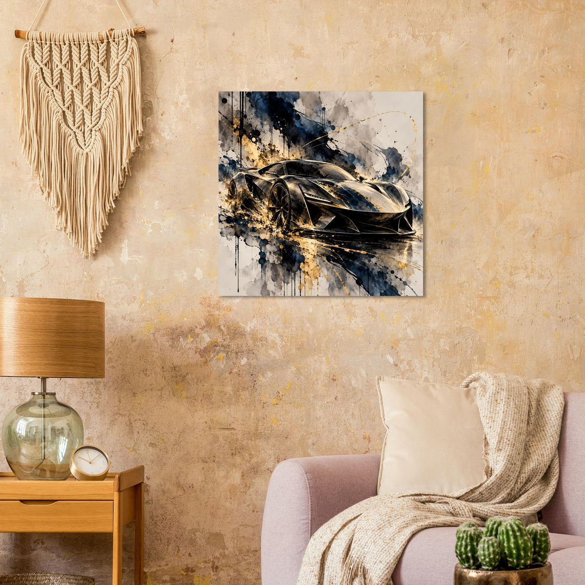 Poster mit Supersportwagen-Illustration: Schwarz-Gold und Farbspritzer