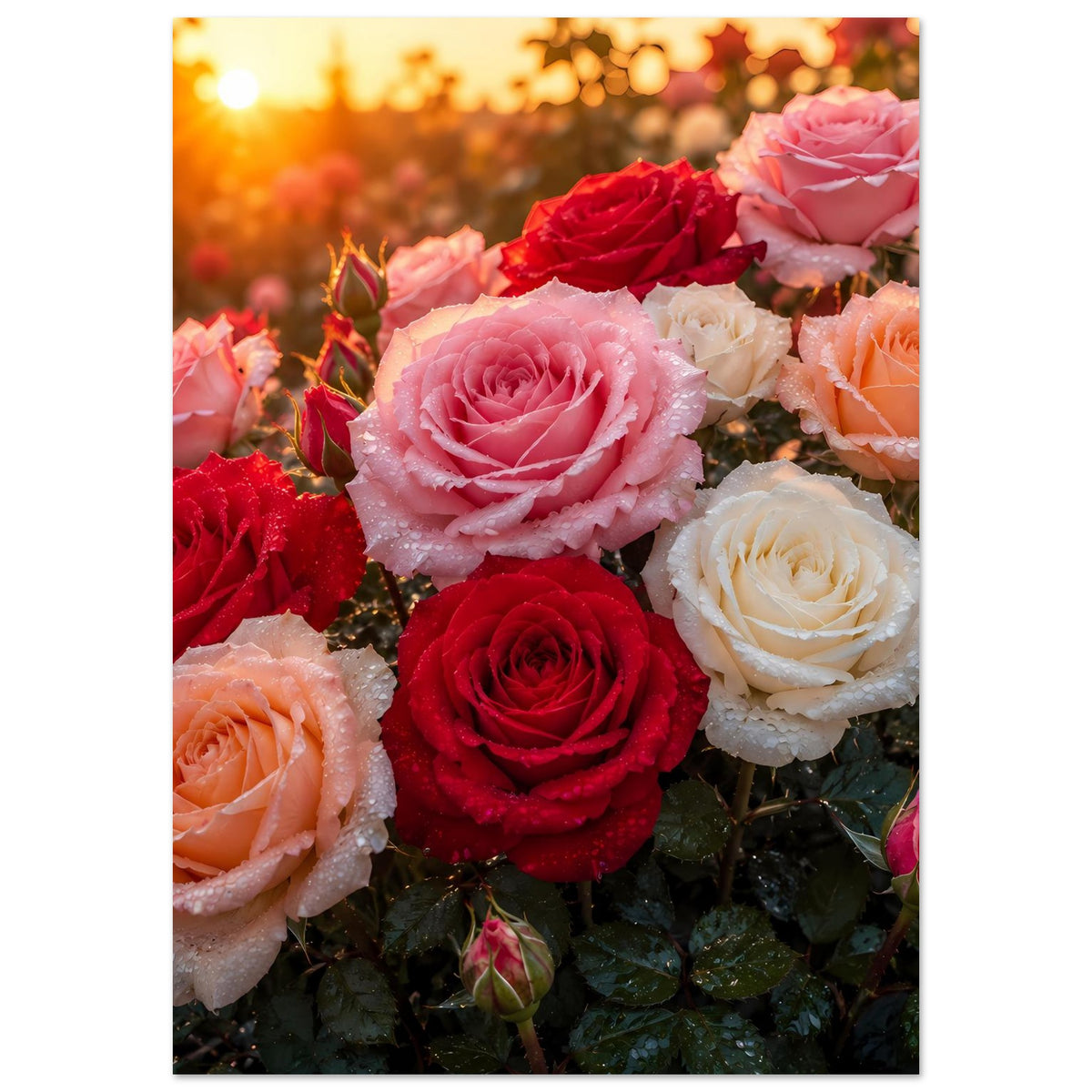 Rosenbild mit mehreren Rosen: pinke, rote, apricotfarbene und weiße Blüten