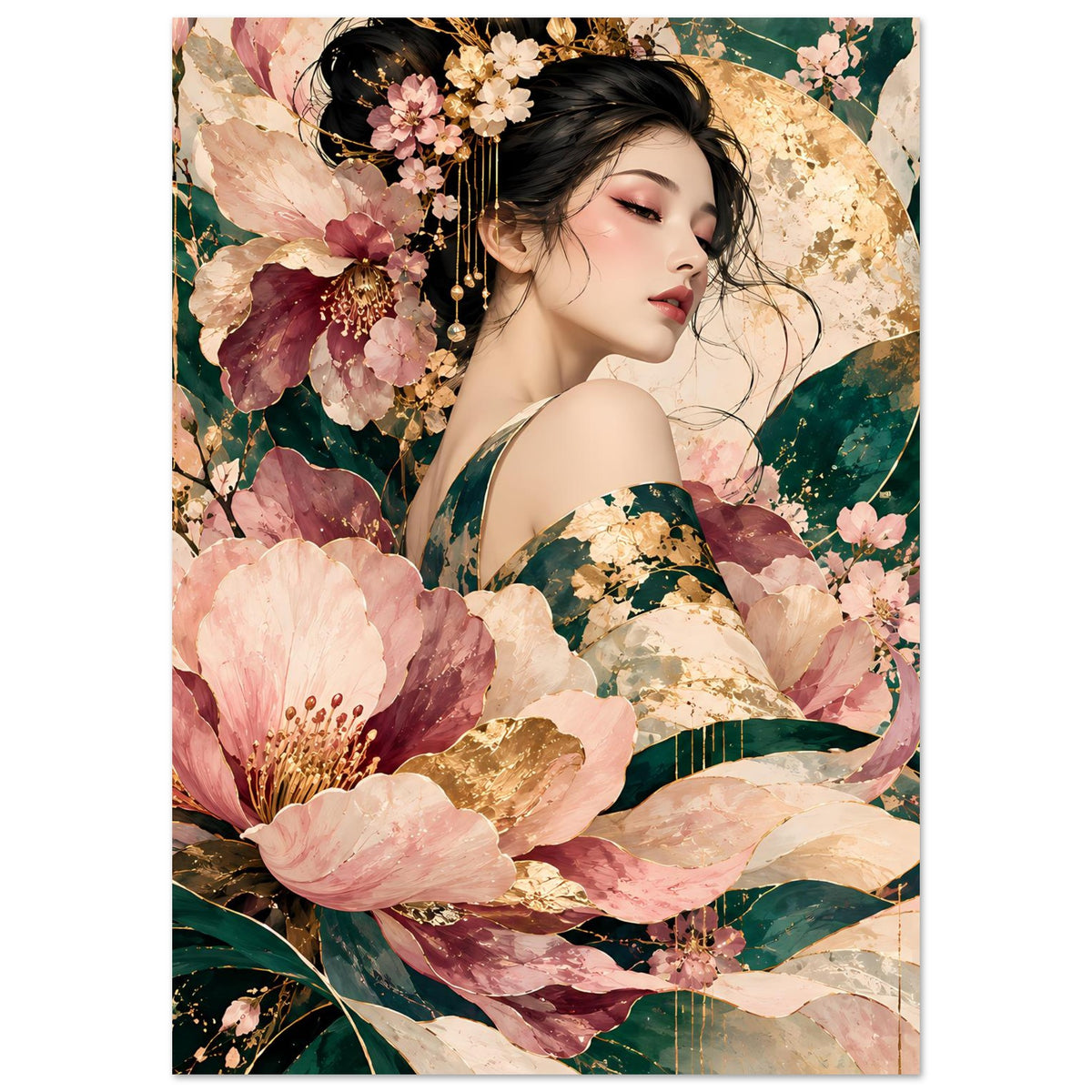 Elegantes Poster mit Frau im Profil, umgeben von rosa Blüten, grünem und goldenem Floralmuster
