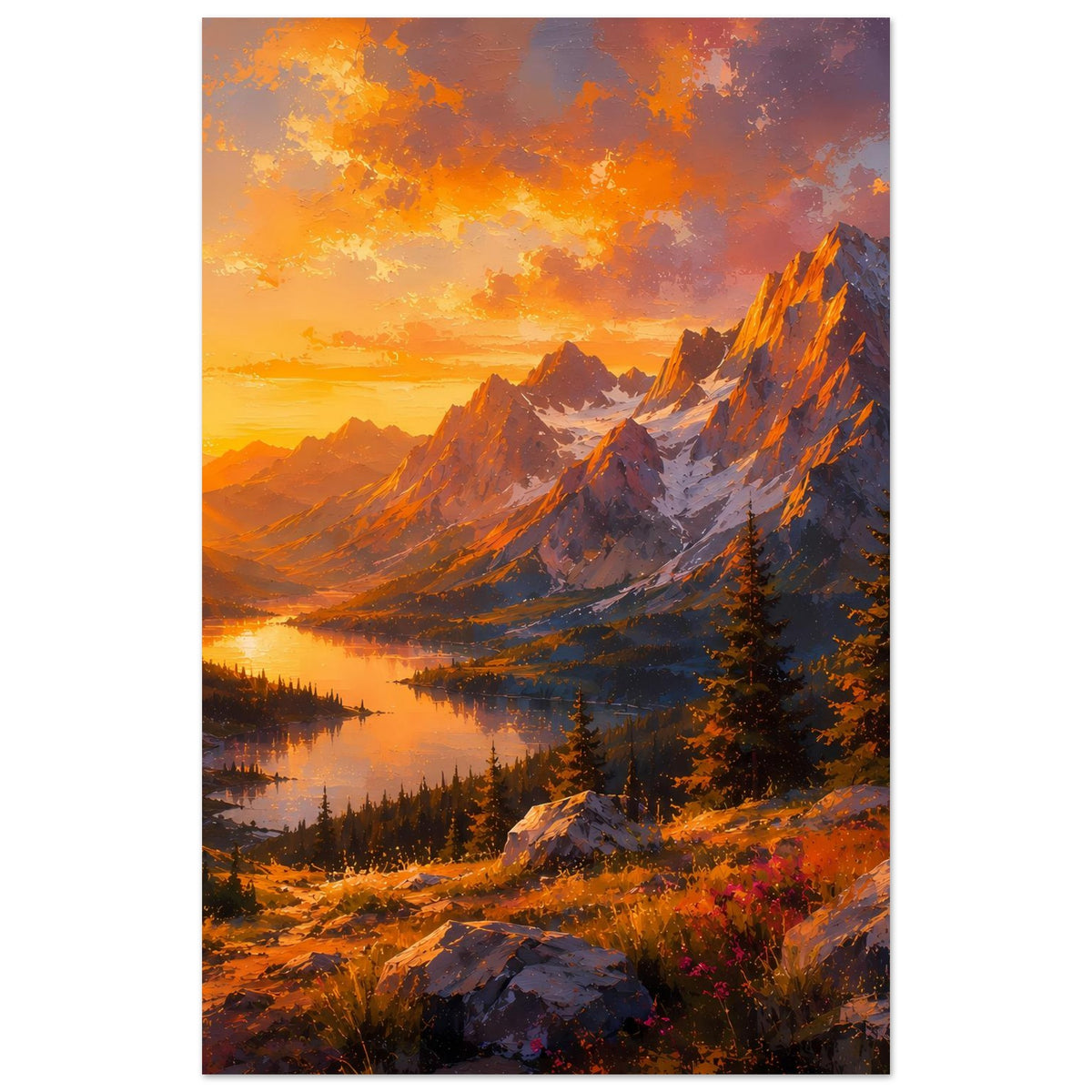Hochformat-Poster mit Berglandschaft, See im Tal und Sonnenstrahlen am Horizont