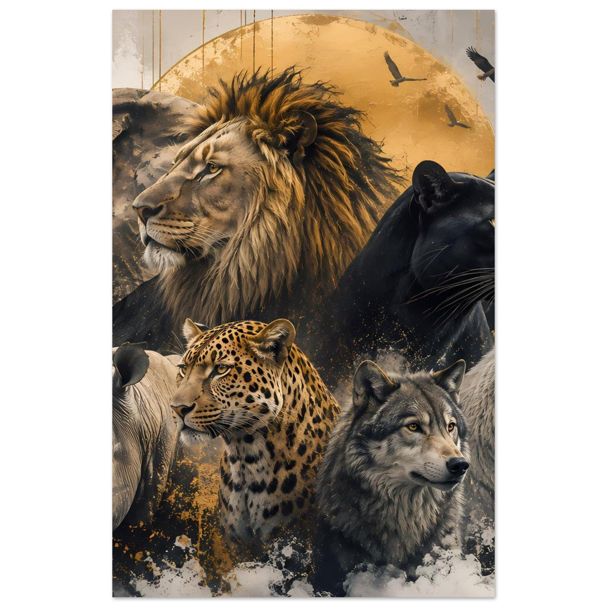 Poster Ausschnitt mit Löwe, Panther, Leopard und Wölfen, goldfarbene Kreisszene