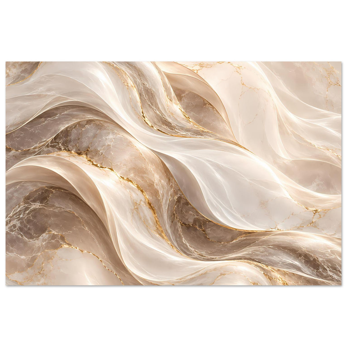 Abstraktes Wellen-Poster: schimmernde Wellen in Creme, Gold und Braun-Grau, horizontal