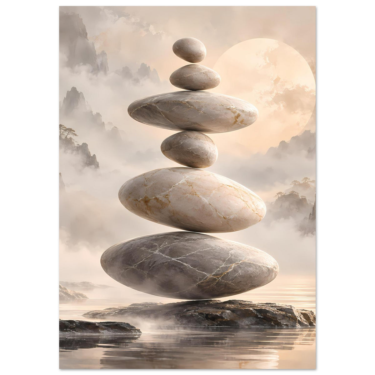 Zen-Steine in Balance vor nebligem Hintergrund in sanften Beige- und Grautönen – Posteransicht 4